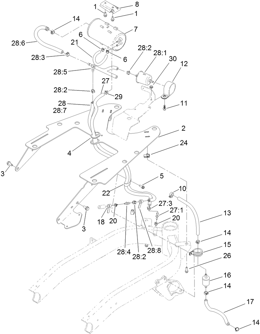 Fuel Line and Carbon Canister Hose Routing Assembly