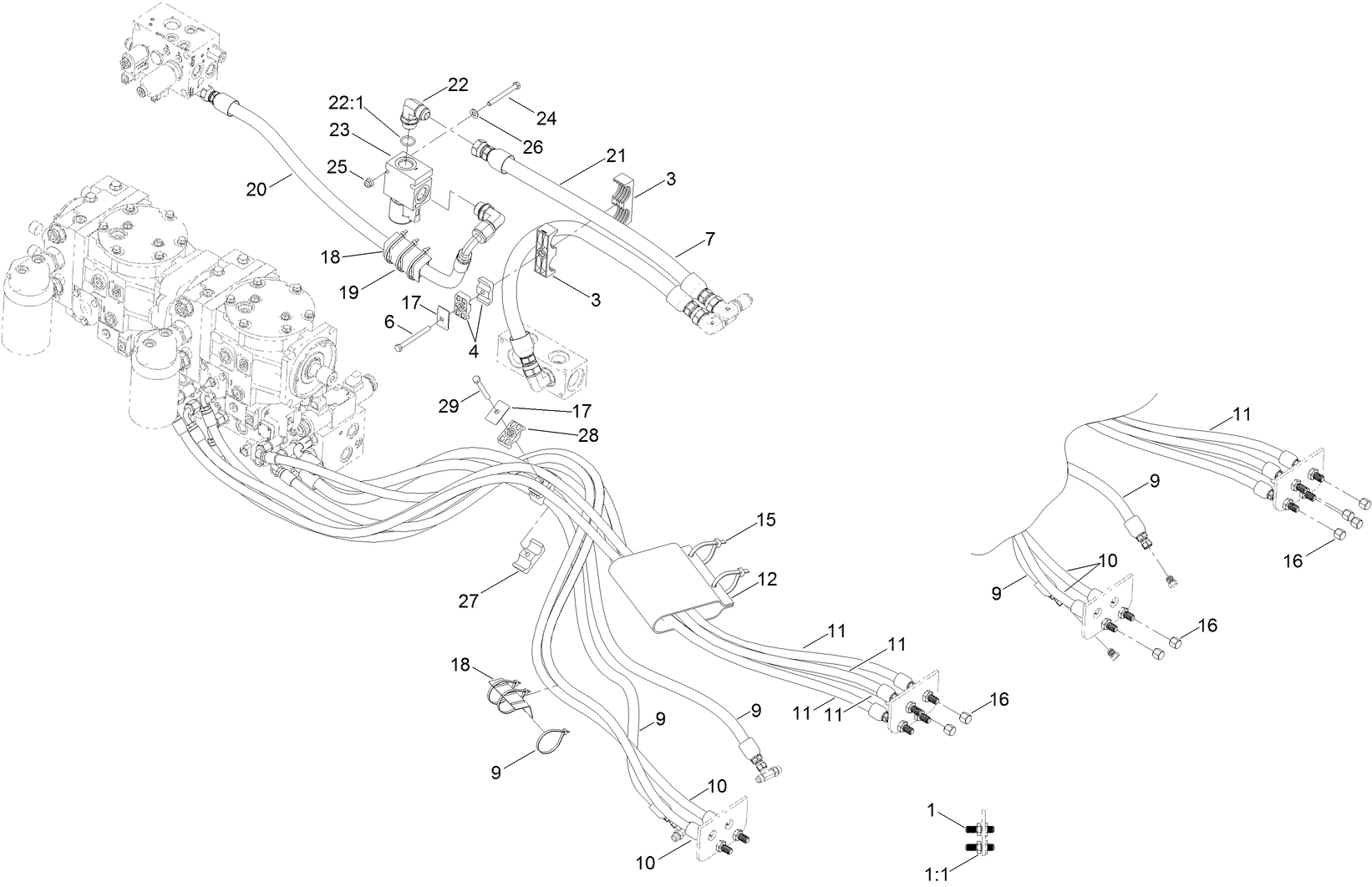 Tandem Pump and Main Valve Hydraulic Plumbing Assembly