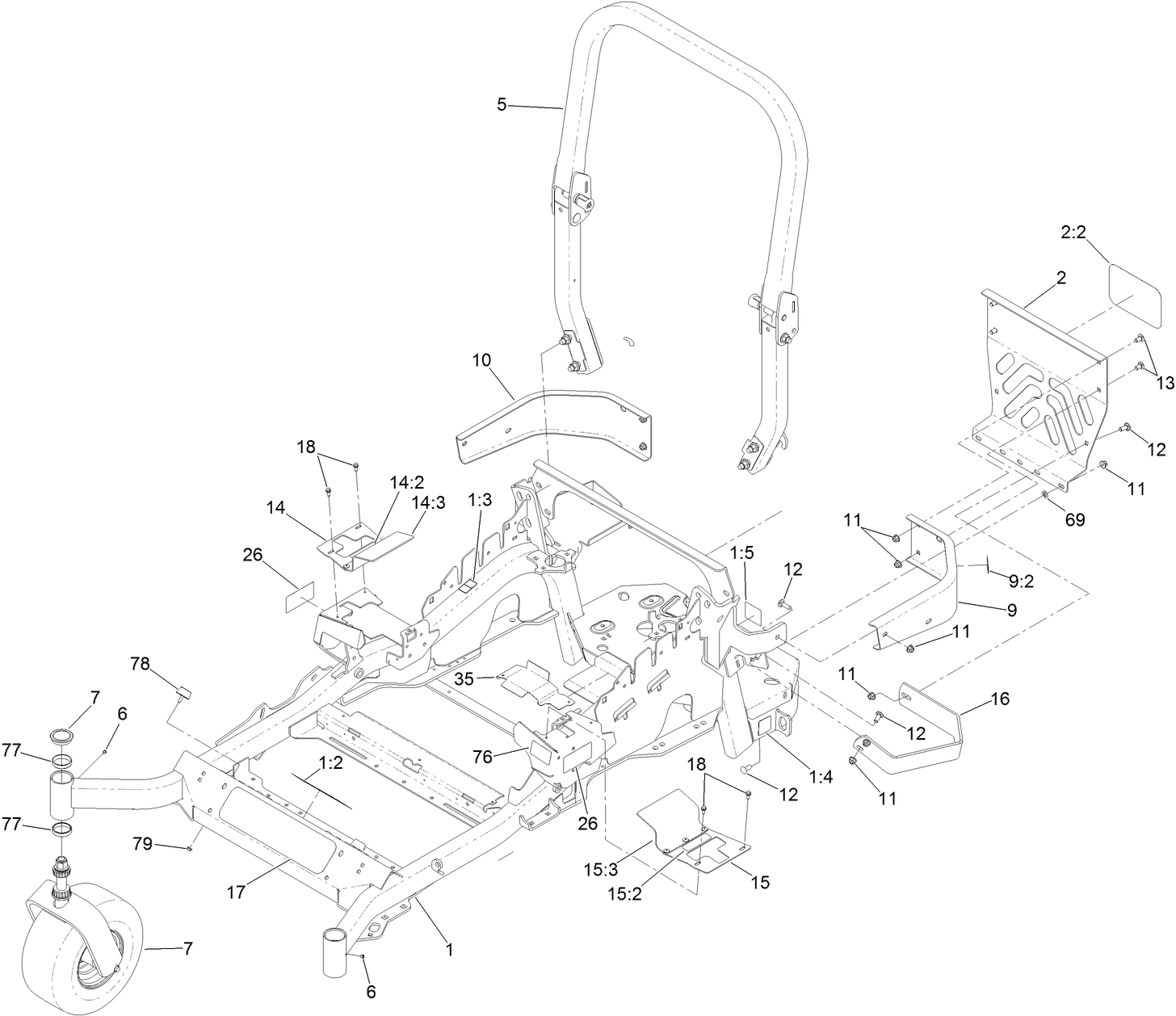 Frame, Caster Wheel and Roll-Over Protection System Assembly