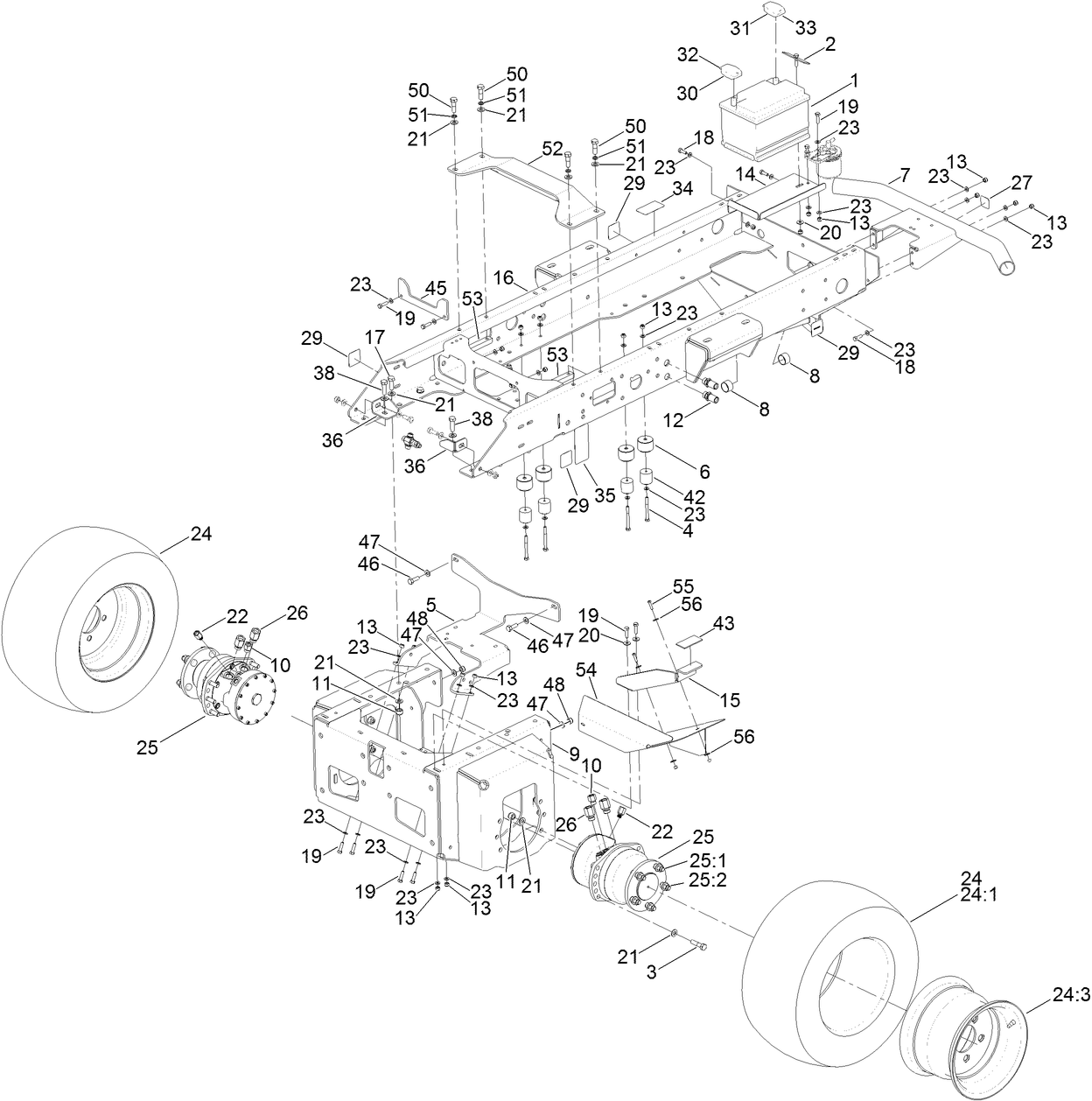 Main Frame, Chassis, Front Wheel and  Battery Assembly