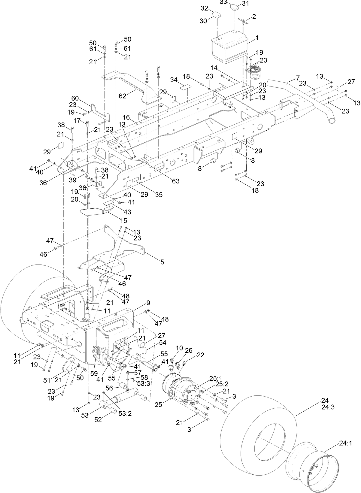 Main Frame, Chassis, Front Wheel  and Battery Assembly