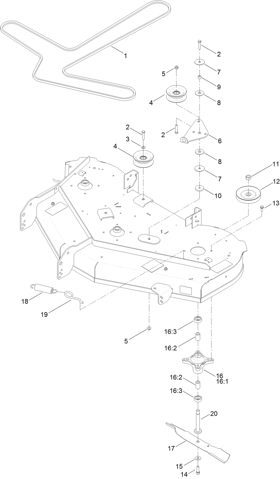50 Inch Deck Belt, Spindle and Blade Assembly