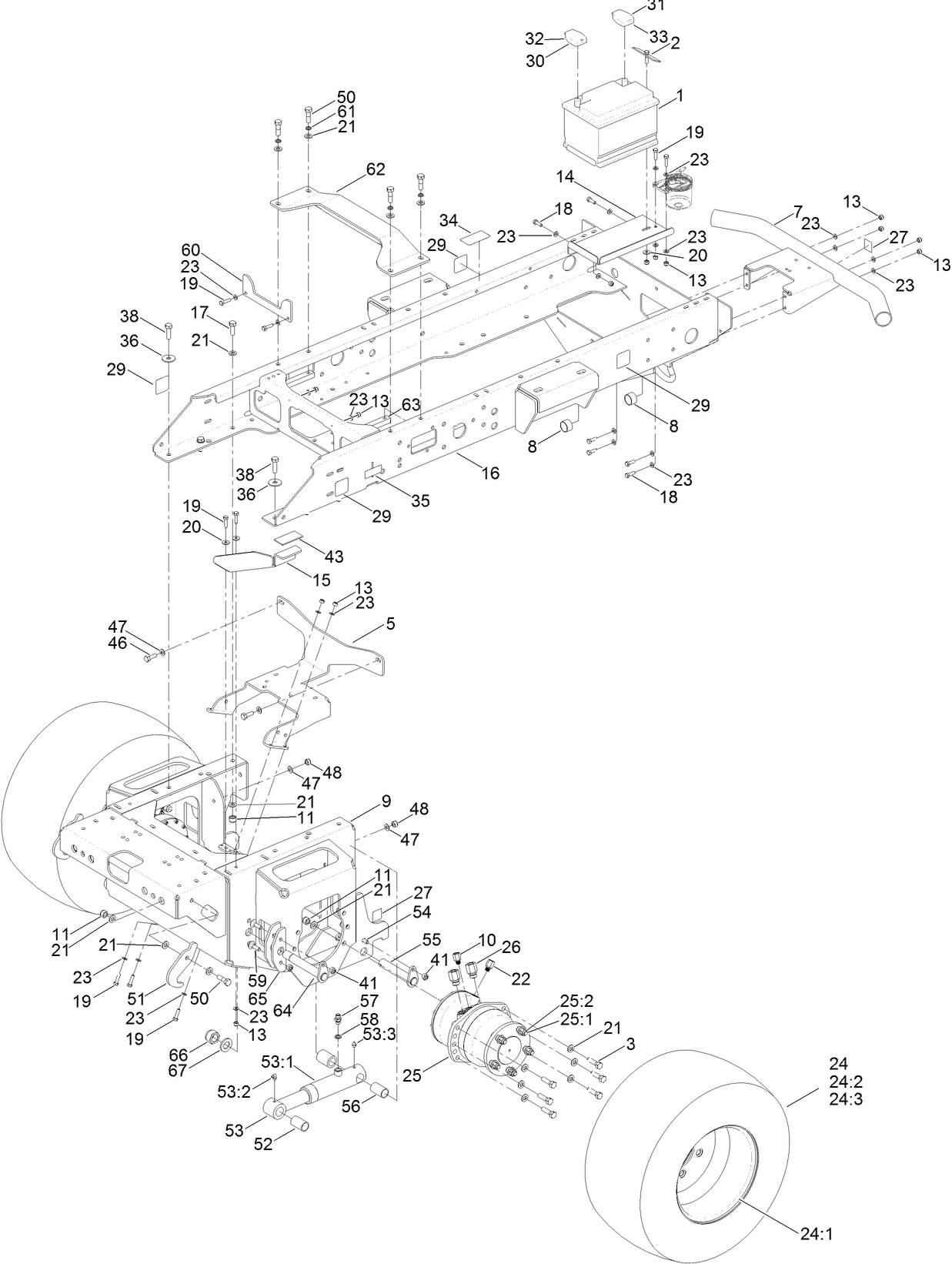 Main Frame, Chassis, Front Wheel and Battery Assembly