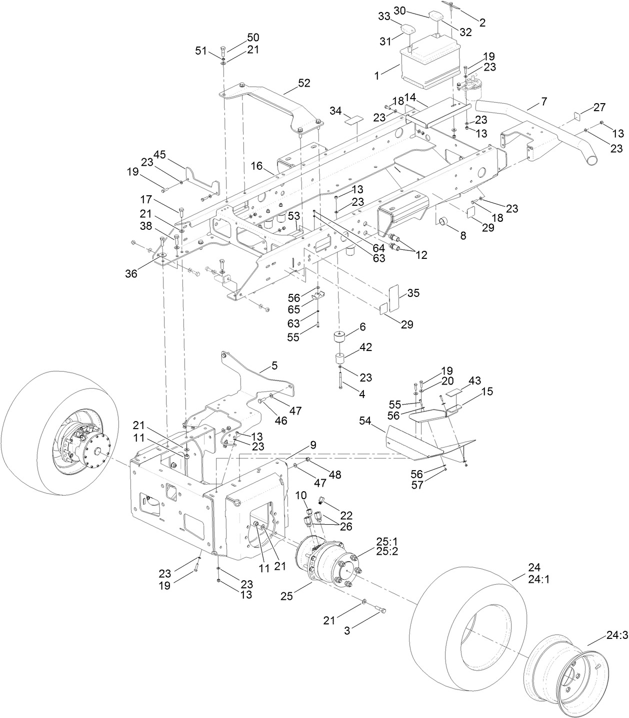 Main Frame, Front Wheel and Battery Assembly