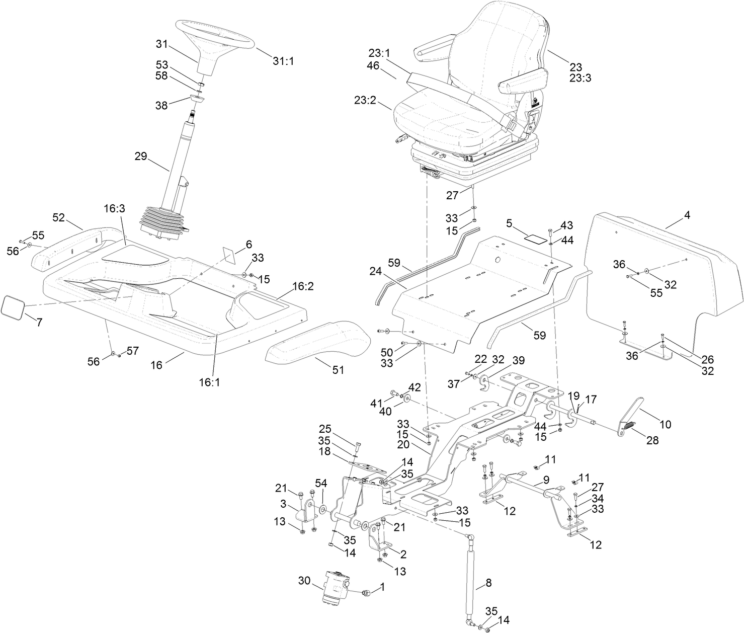 Steering Column, Seat and Platform Assembly