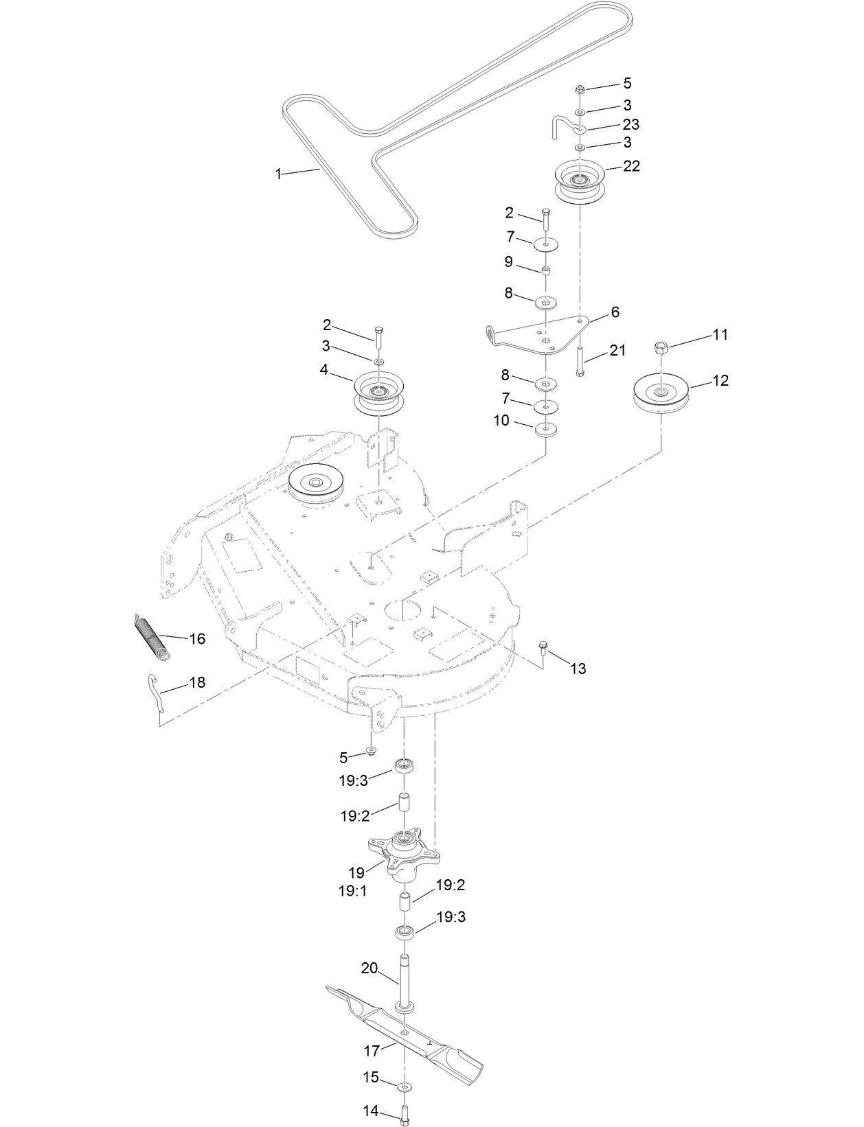 34 Inch Deck, Belt and Blade Assembly