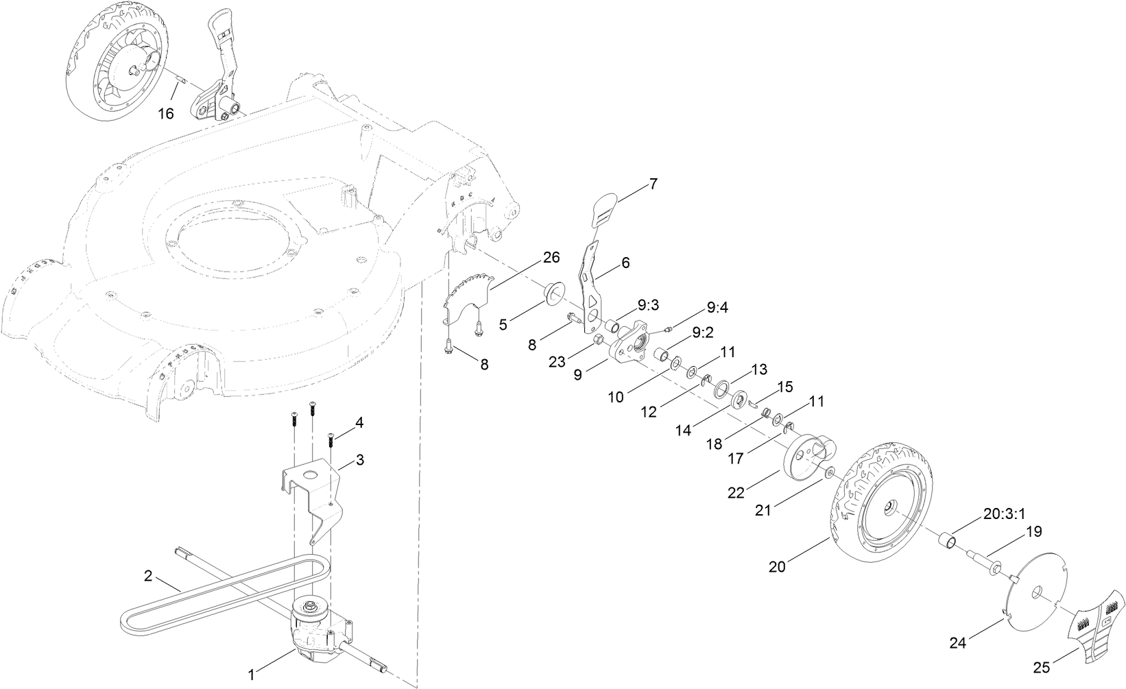 Rear Wheel and Height-of-Cut Assembly