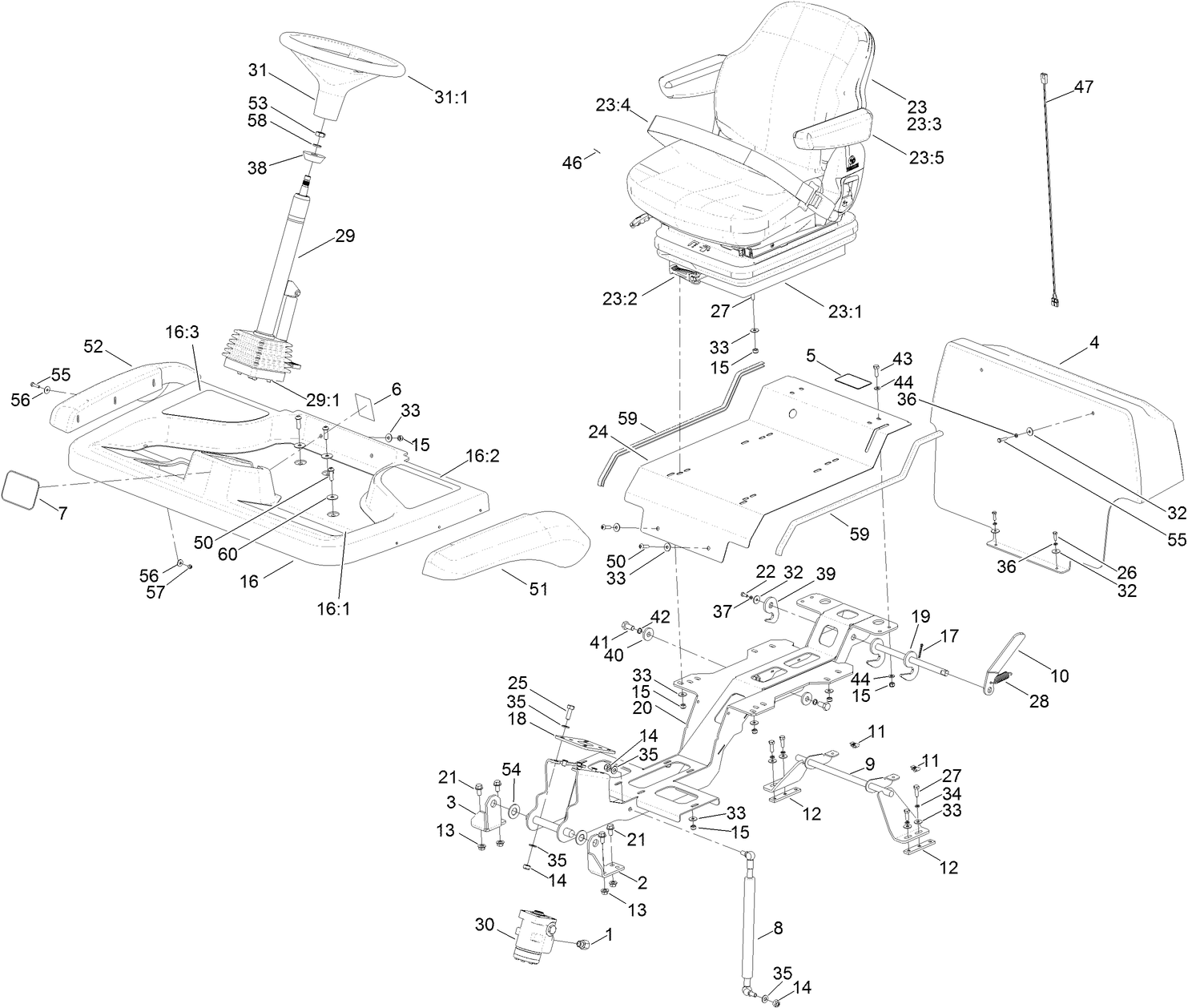 Steering Column, Seat and Platform Assembly
