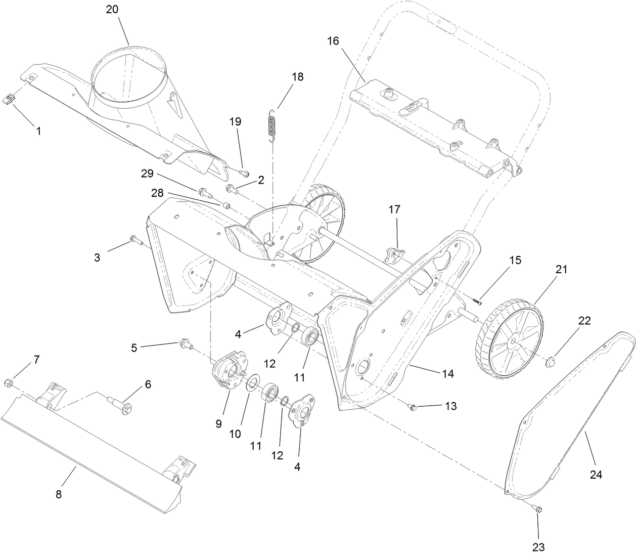 Main Frame, Chute and Wheel Assembly