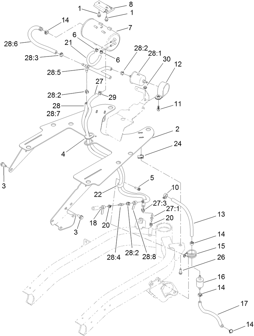 Fuel Line and Carbon Canister Hose Routing Assembly