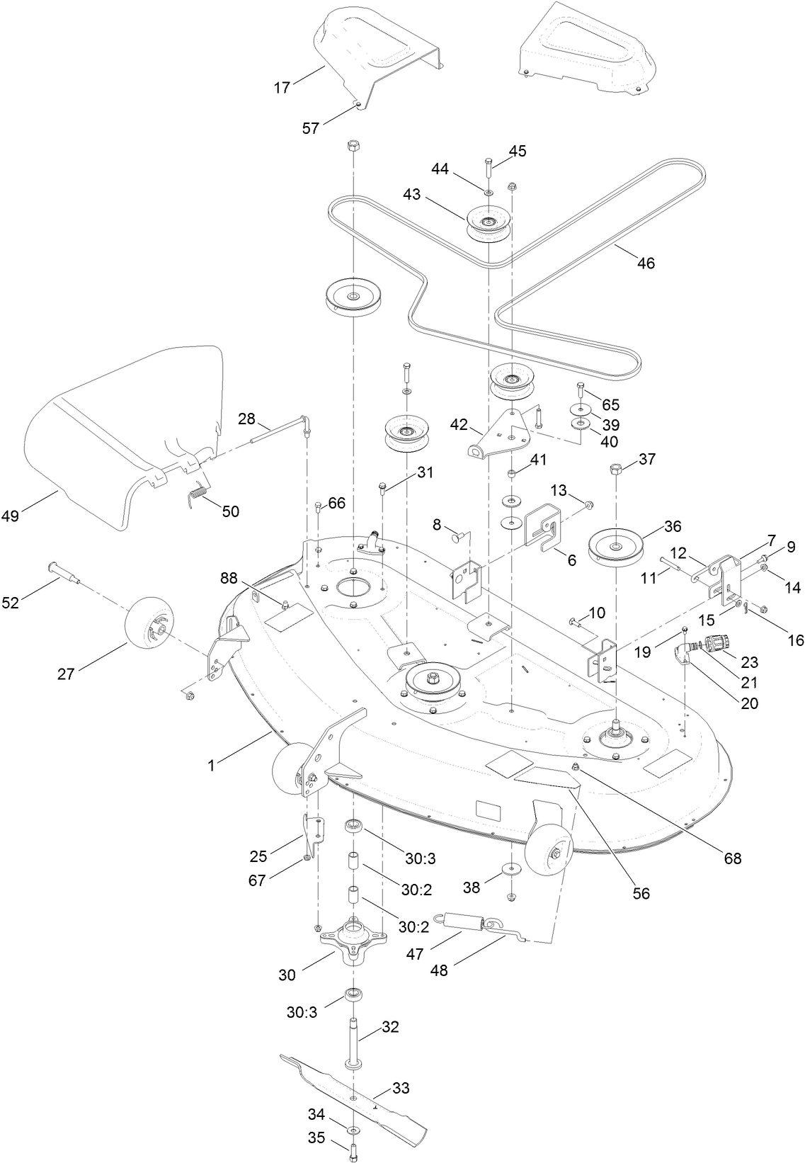 54 Inch Deck Belt, Spindle and Blade Assembly