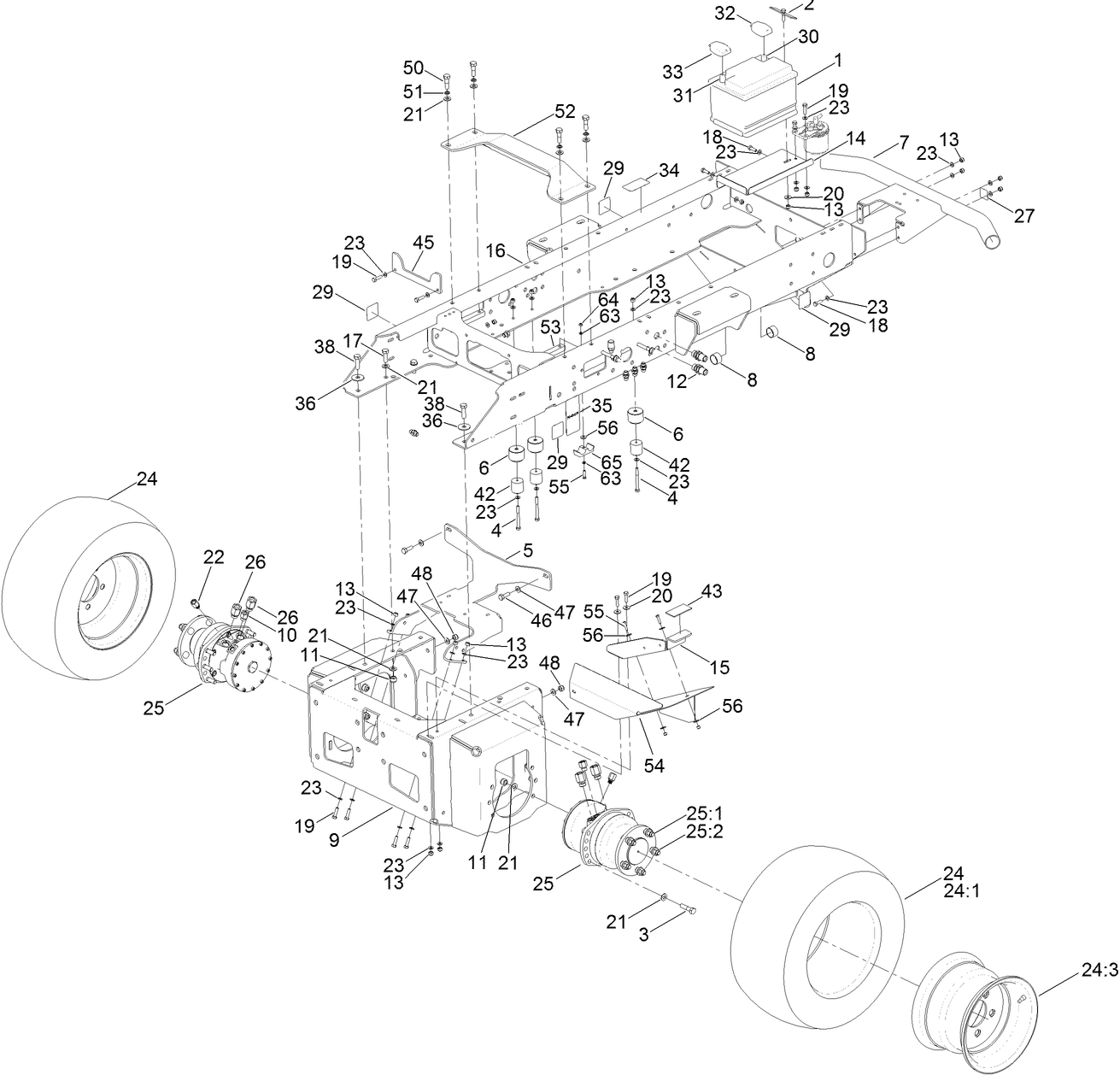 Main Frame, Chassis, Front Wheel  and Battery Assembly