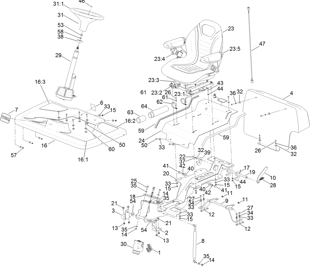 Steering Column, Seat and Platform Assembly