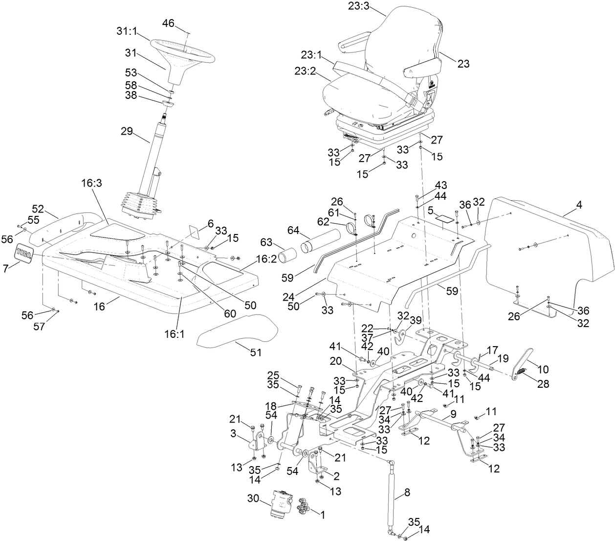 Steering Column, Seat and Platform Assembly