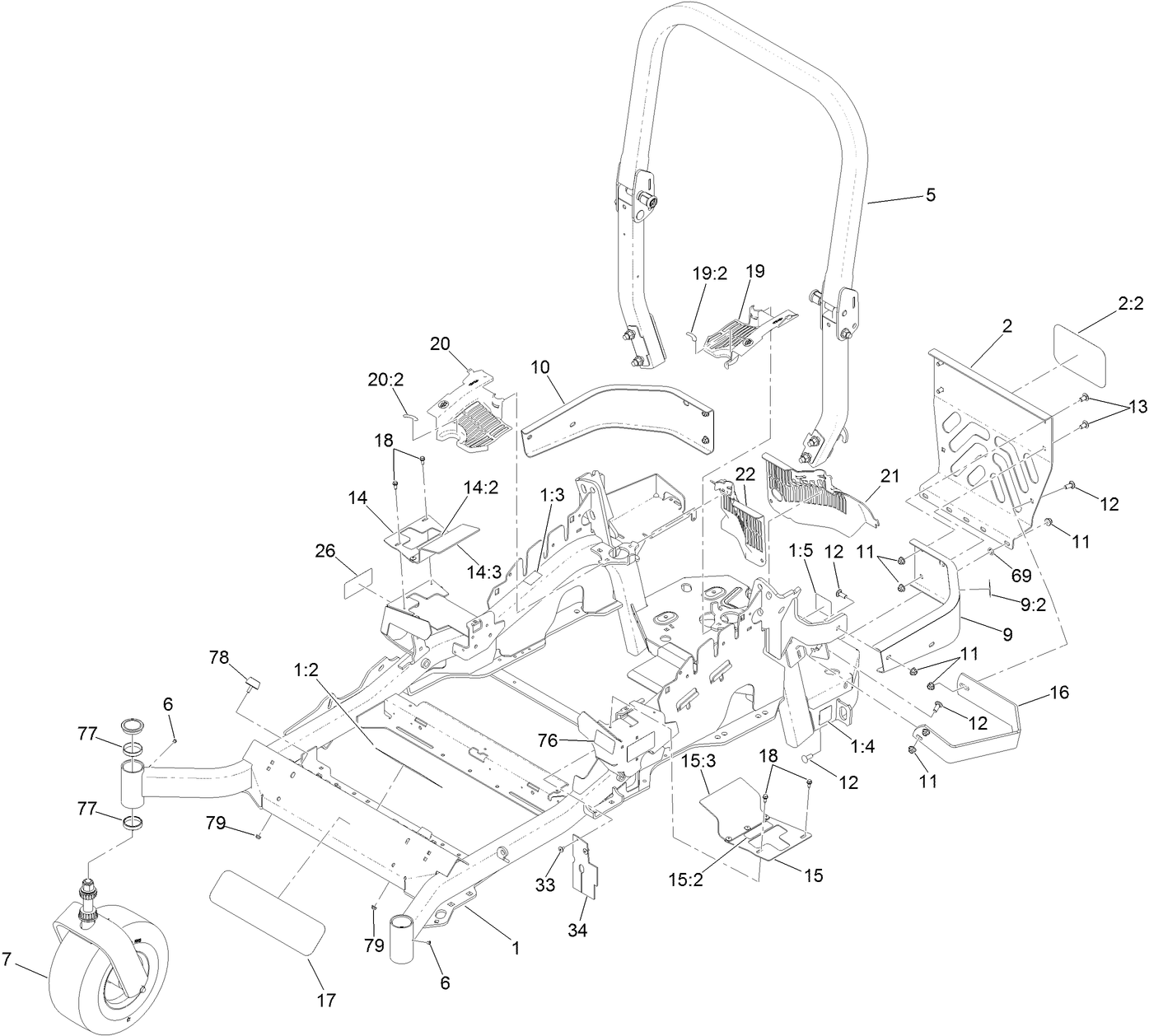 Frame, Roll-Over Protection System and  Caster Wheel Assembly