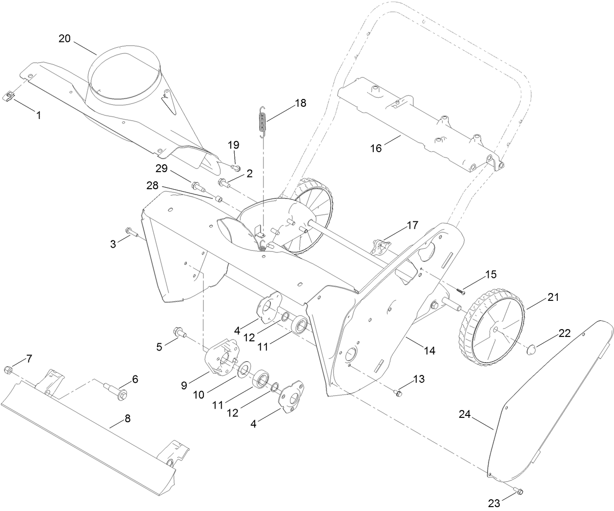 Main Frame, Chute and Wheel Assembly