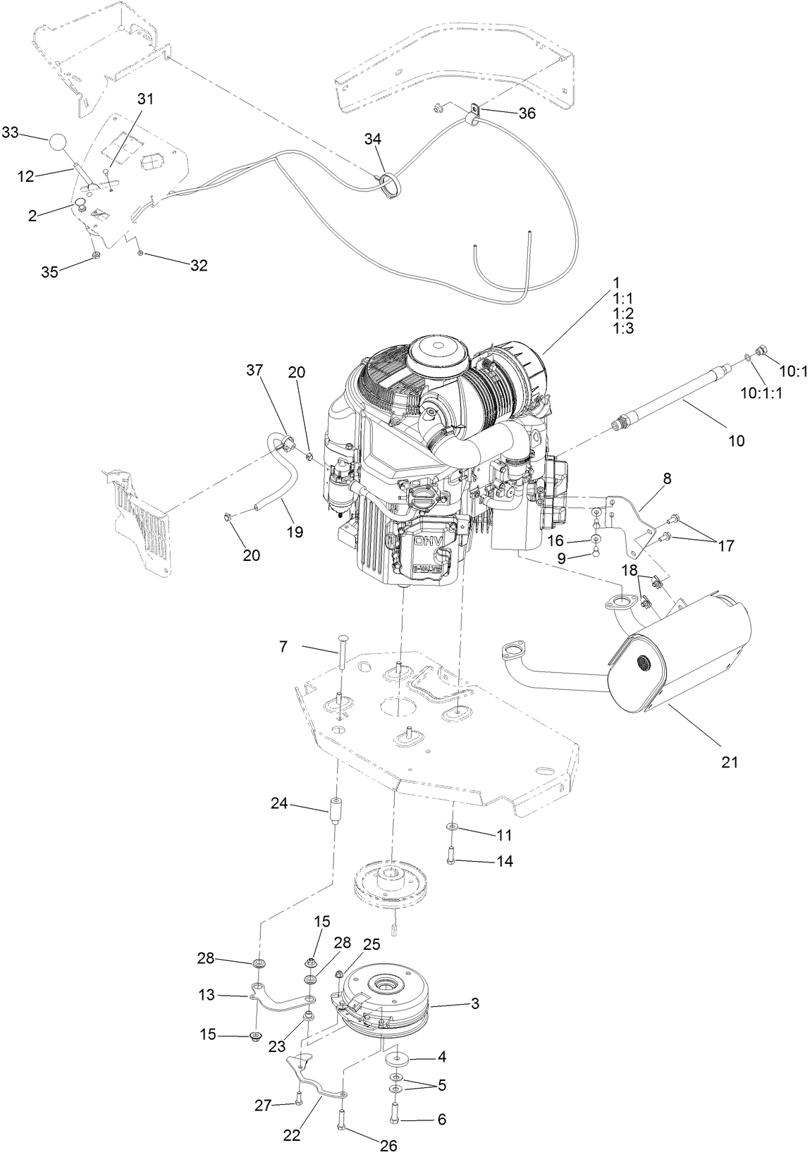 Engine, Clutch and Muffler Assembly