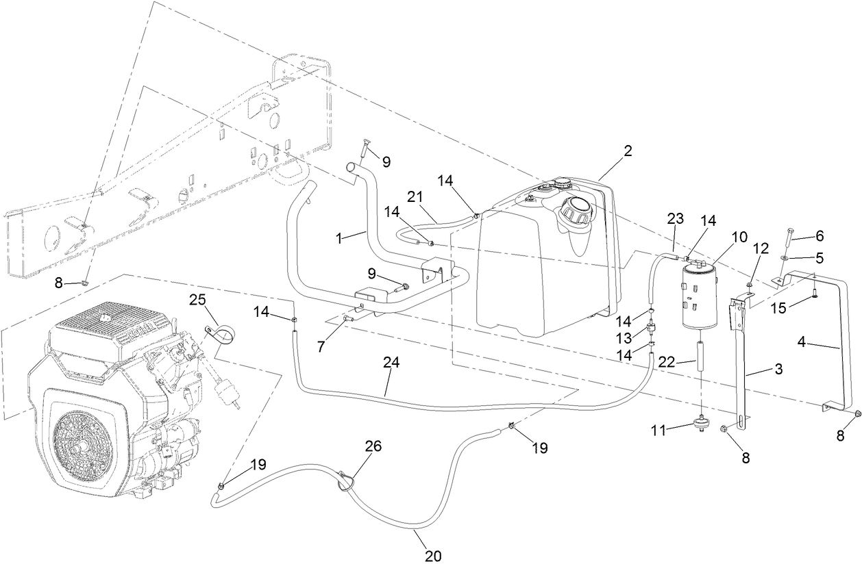 Fuel Tank, Filter and Line Assembly