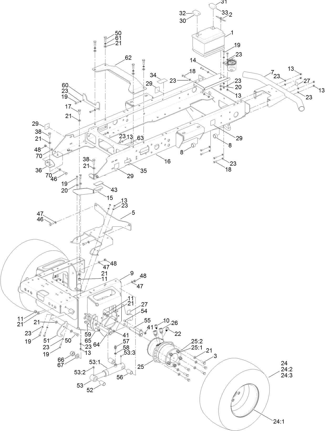 Main Frame, Chassis, Front Wheel and  Battery Assembly