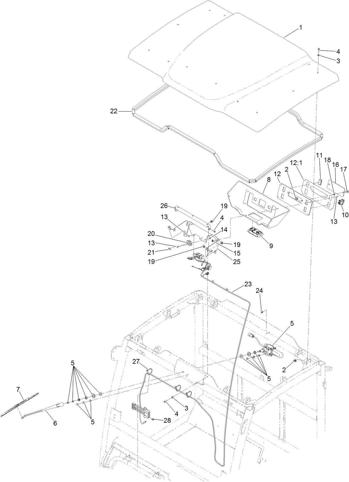 Roof, Wiper Motor and Console Assembly