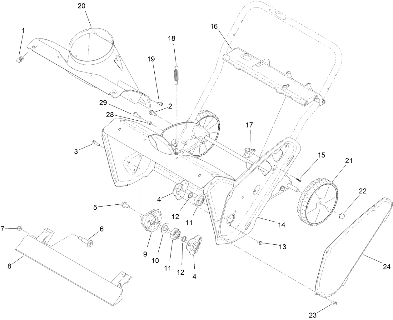 Main Frame, Chute and Wheel Assembly