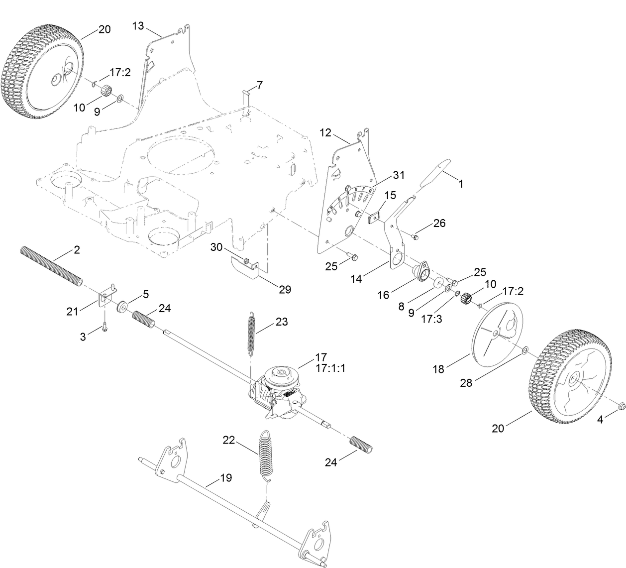 Rear Wheel and Height-of-Cut Assembly
