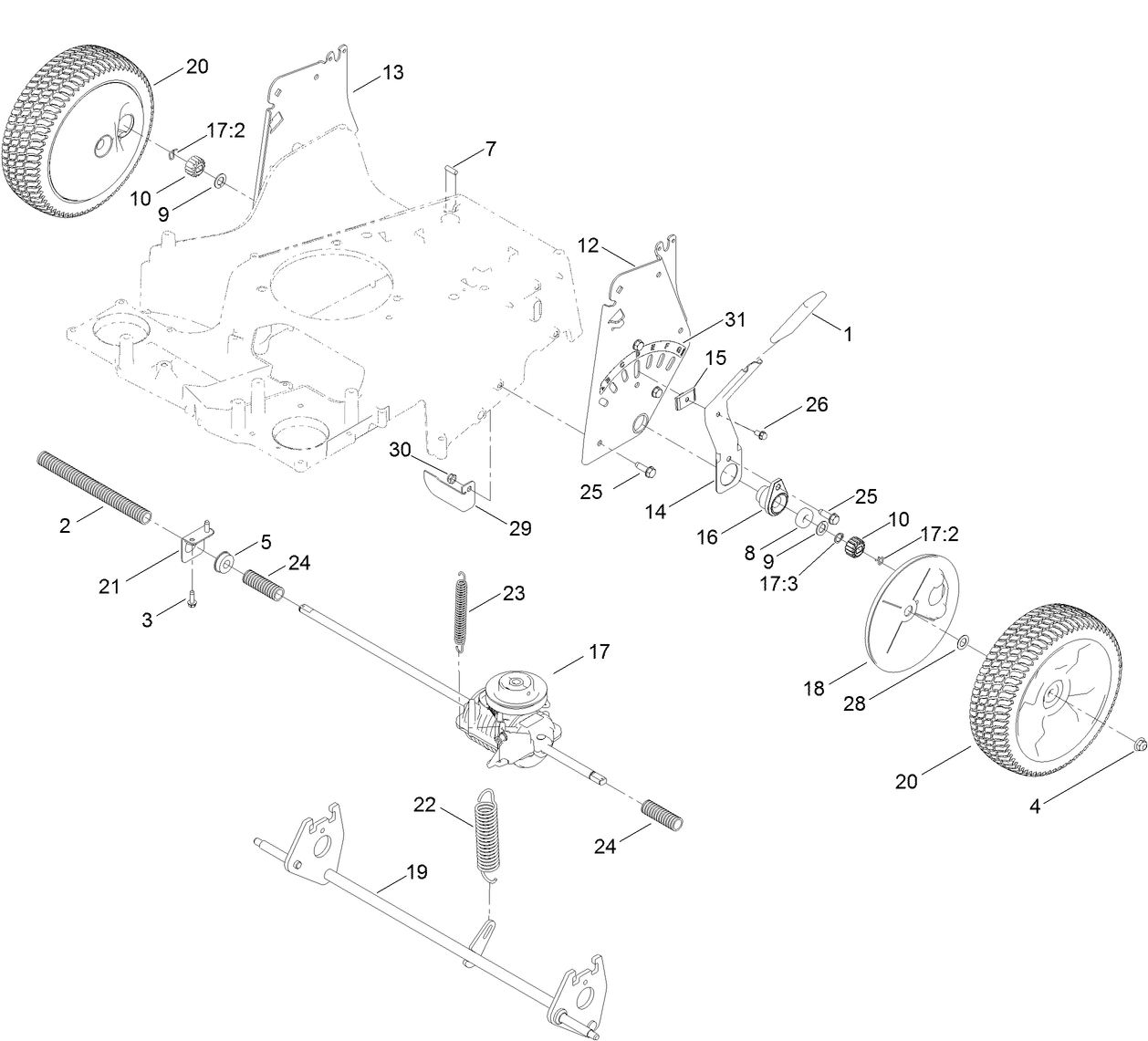 Transmission, Rear Wheel and Height-of-Cut Assembly