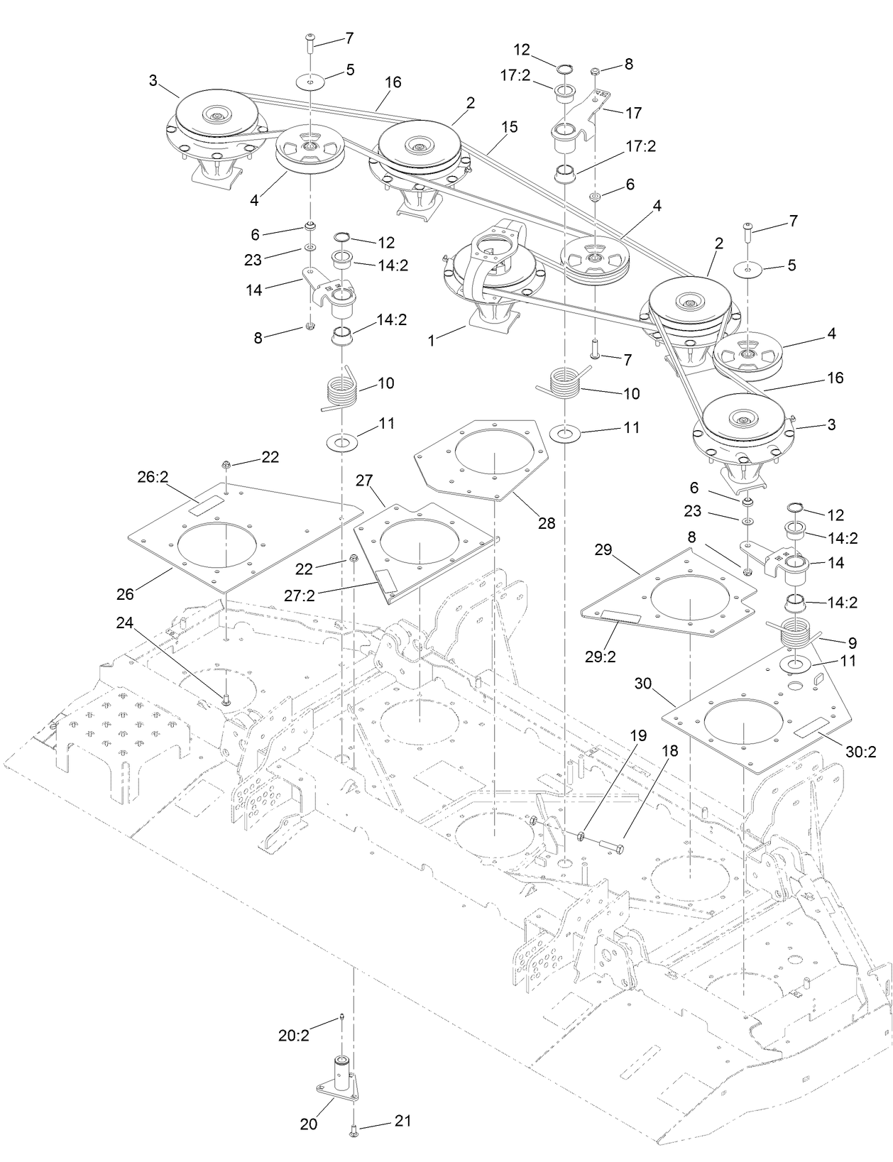 Center Deck Belt, Pulley and Spindle Assembly