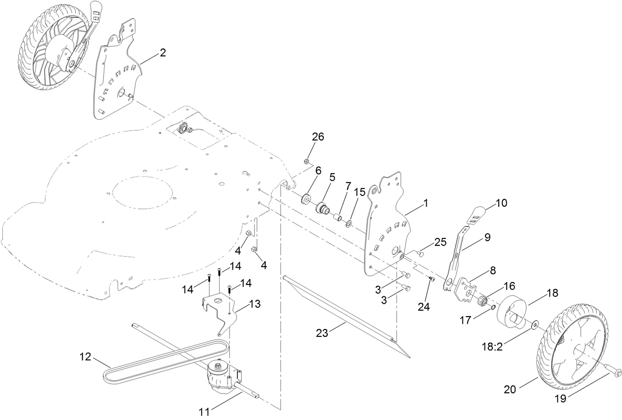Rear Wheel, Transmission and Height-of-Cut Assembly