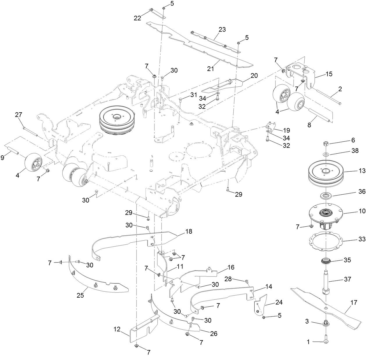 Center Deck Spindle, Baffle and Roller Assembly