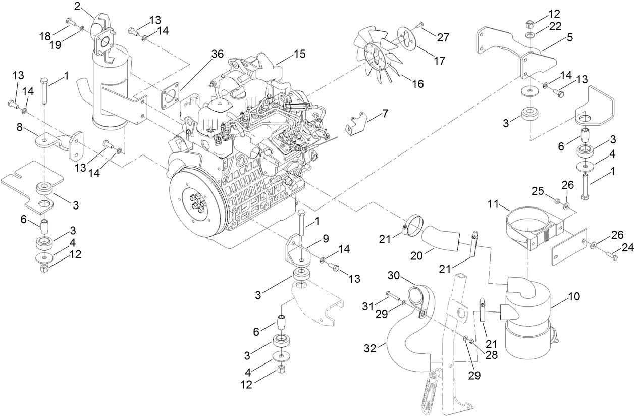 Engine, Exhaust and Air Intake Assembly