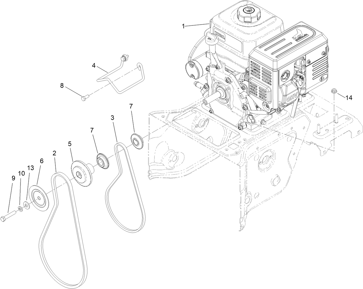Engine, Pulley and Belt Assembly