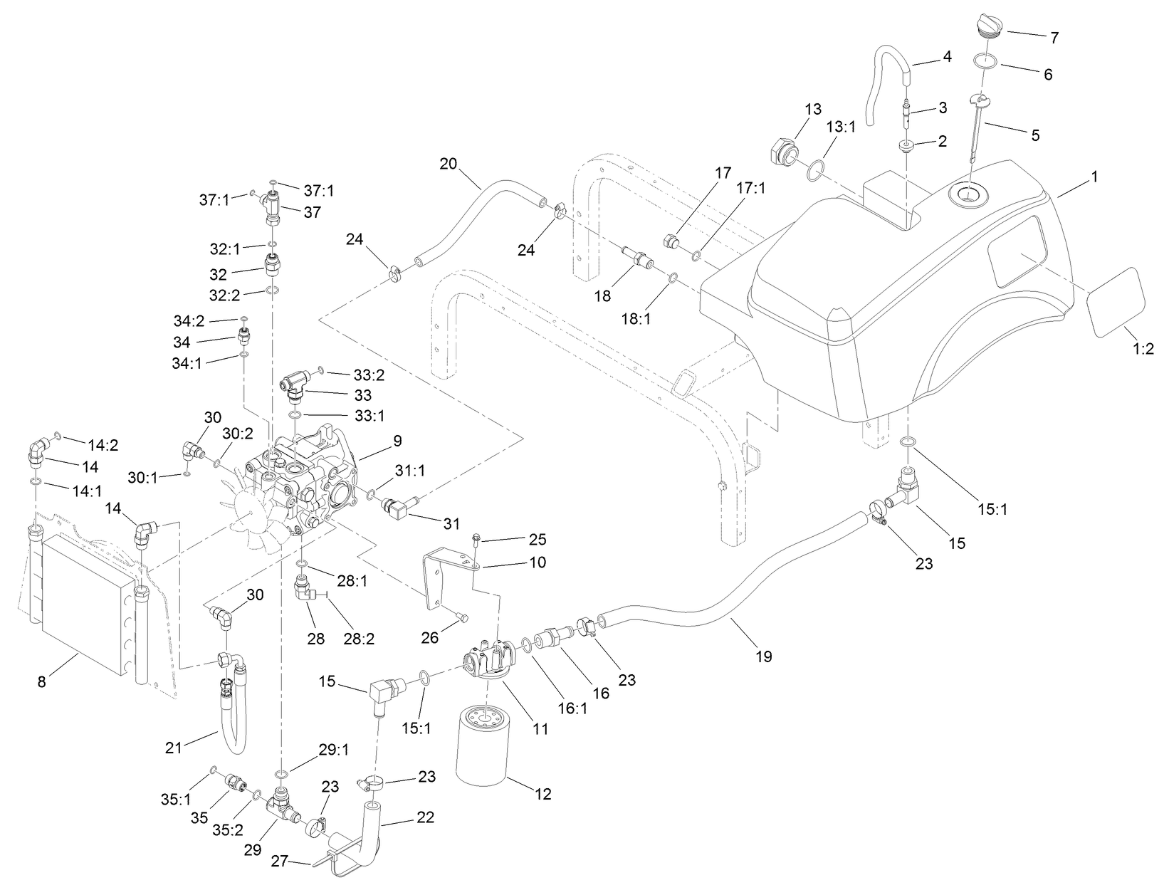 Hydraulic Pump, Tank and Cooler Assembly