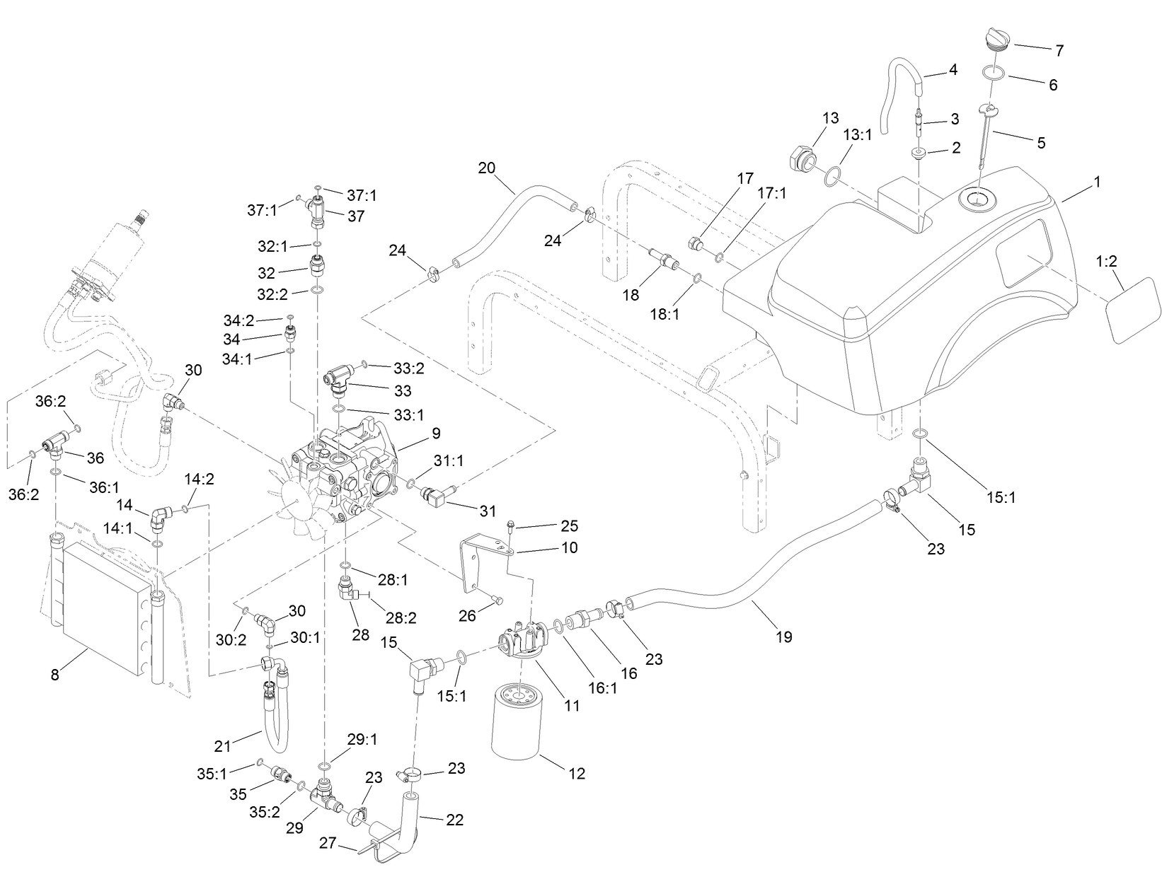 Hydraulic Pump, Tank and Cooler Assembly