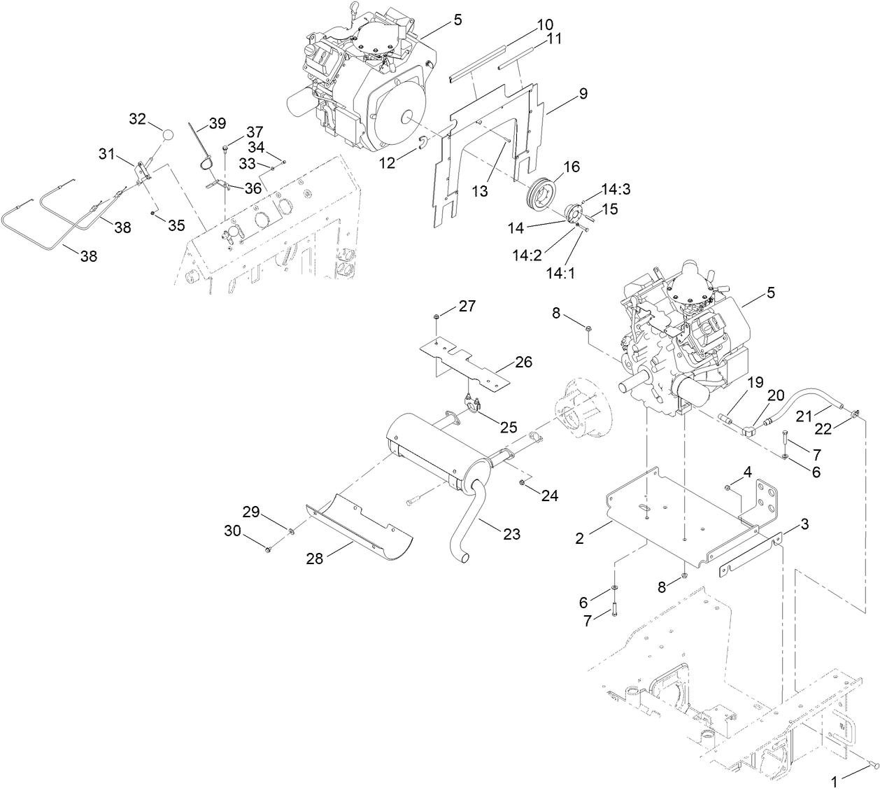 Engine, Exhaust and Control Lever Assembly