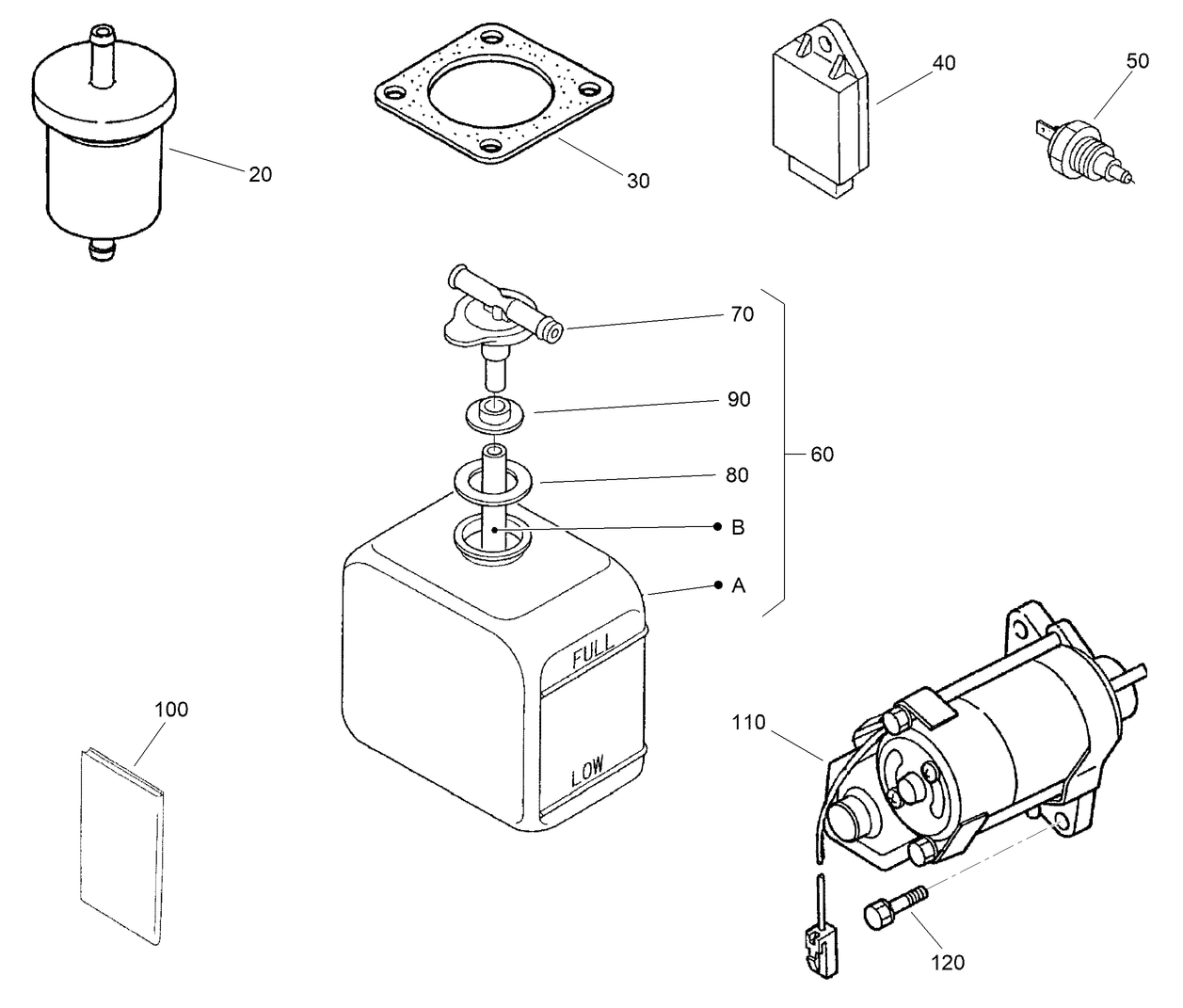 Fuel Filter, Starter and Overflow Bottle Assemblies