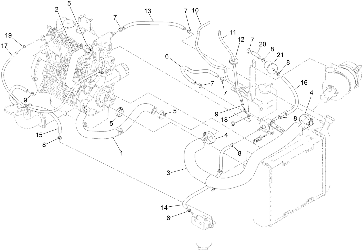 Radiator, Air Hose and Fuel Line Assembly