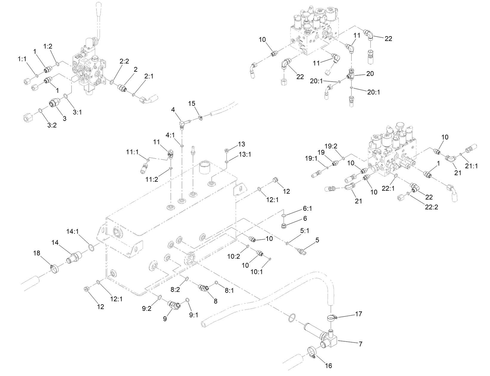 Hydraulic Tank, Manifold, and Auxiliary Valve Fitting Assembly
