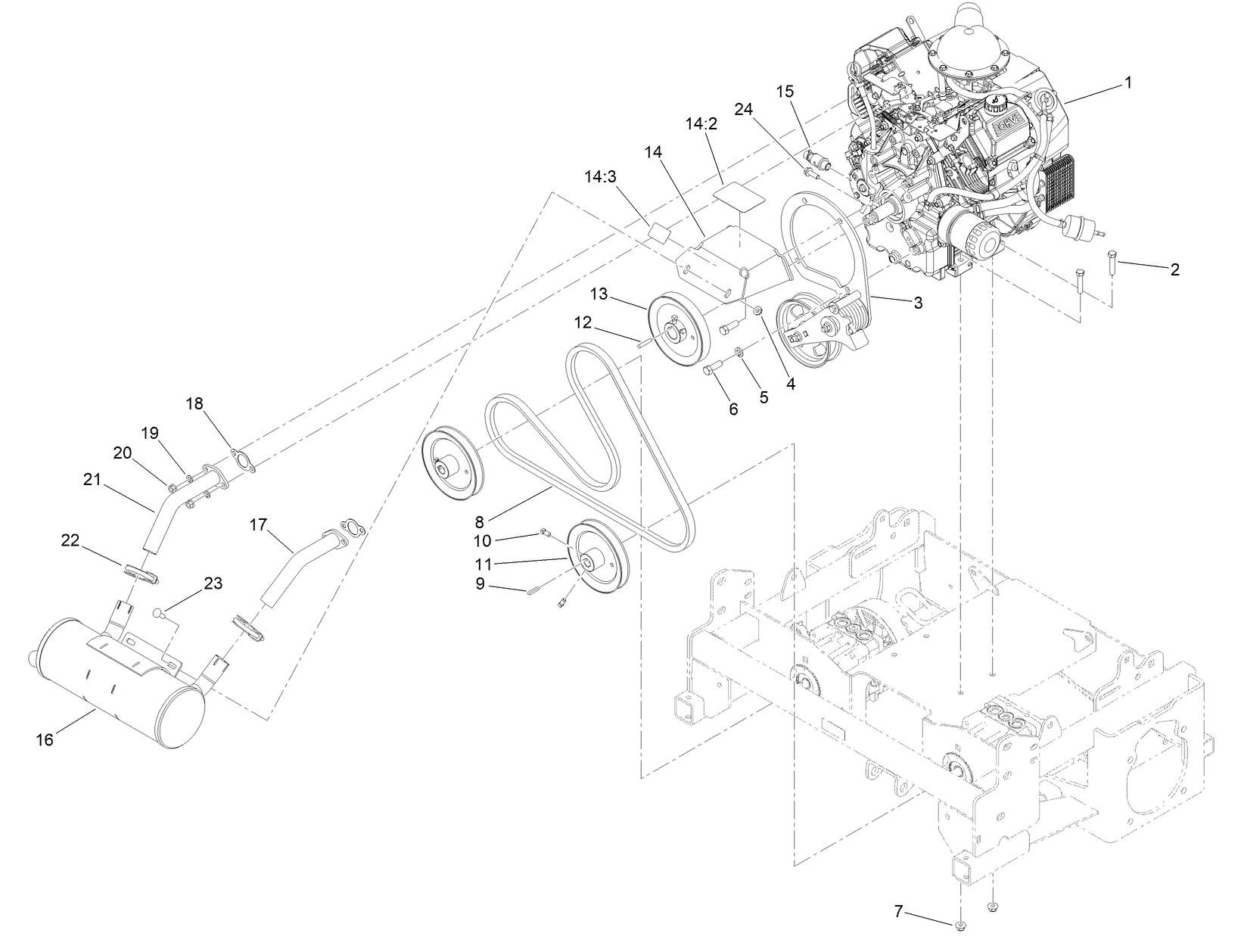 Engine, Belt and Muffler Assembly