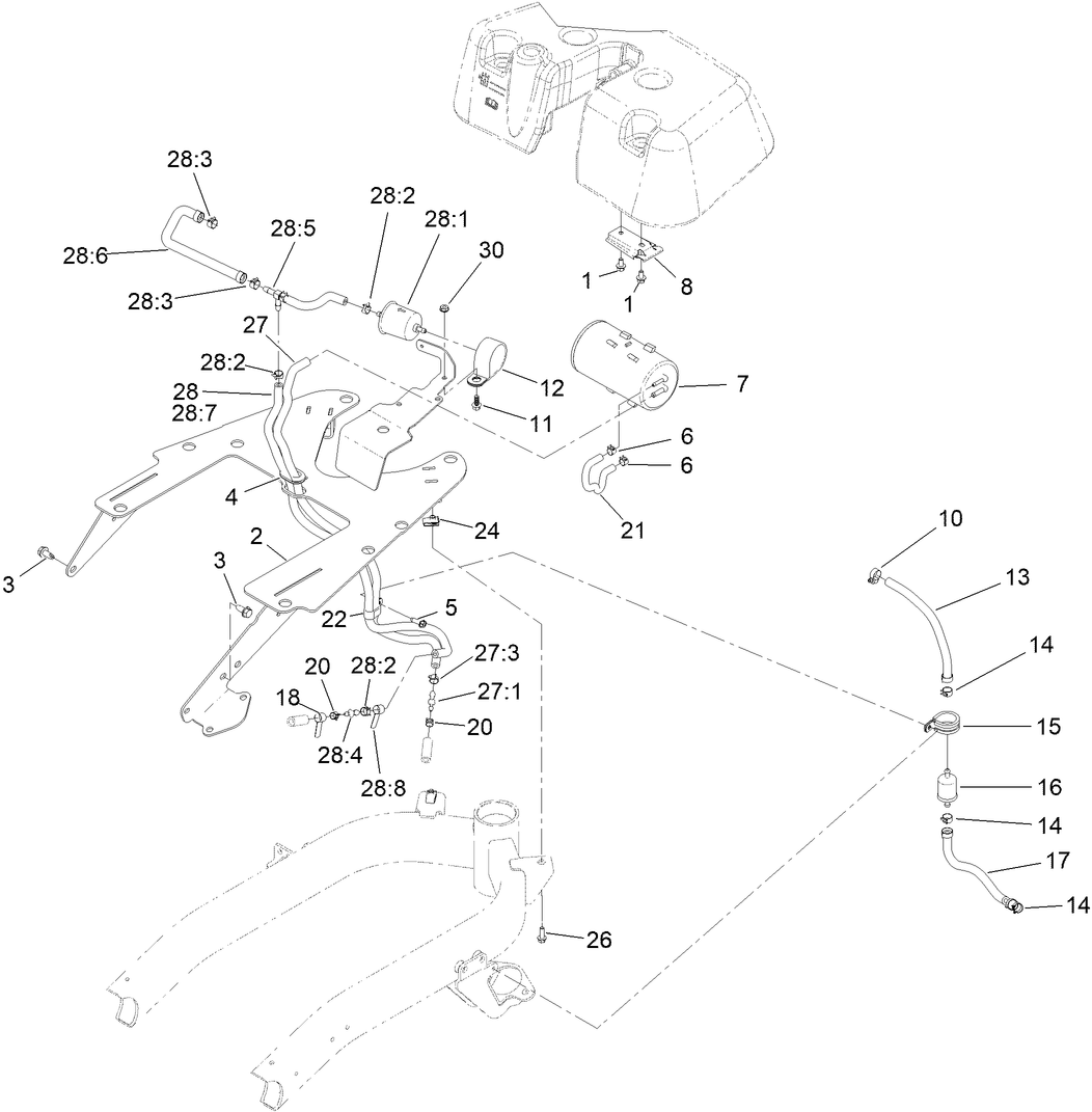 Fuel Line and Carbon Canister Hose Routing Assembly