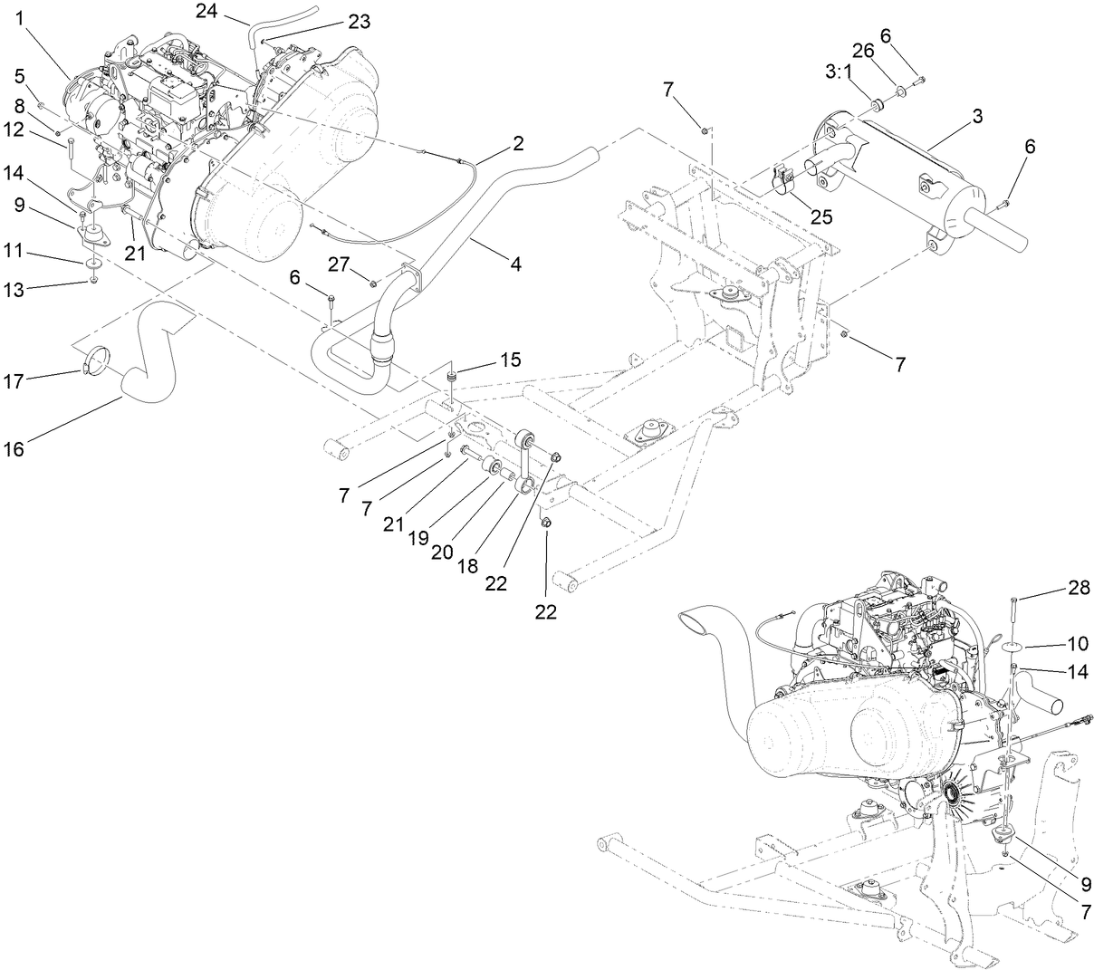 Engine Drivetrain and Exhaust Assembly
