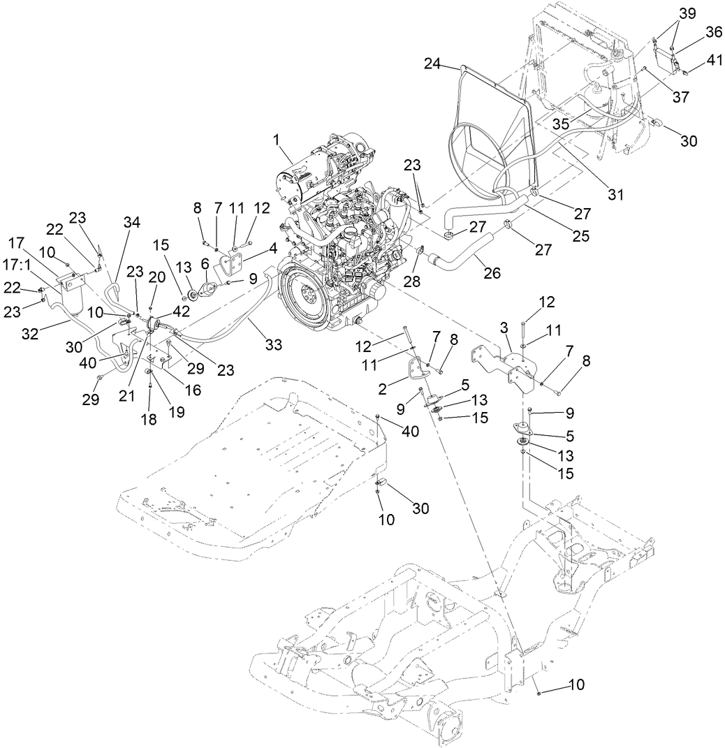 Engine, Radiator Hoses and Shroud  Assembly