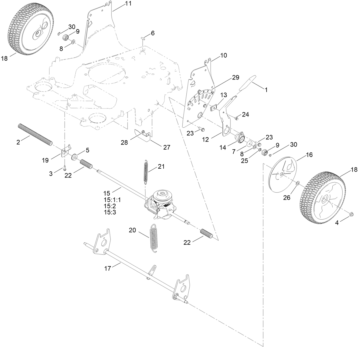 Rear Wheel and Height-of-Cut Assembly