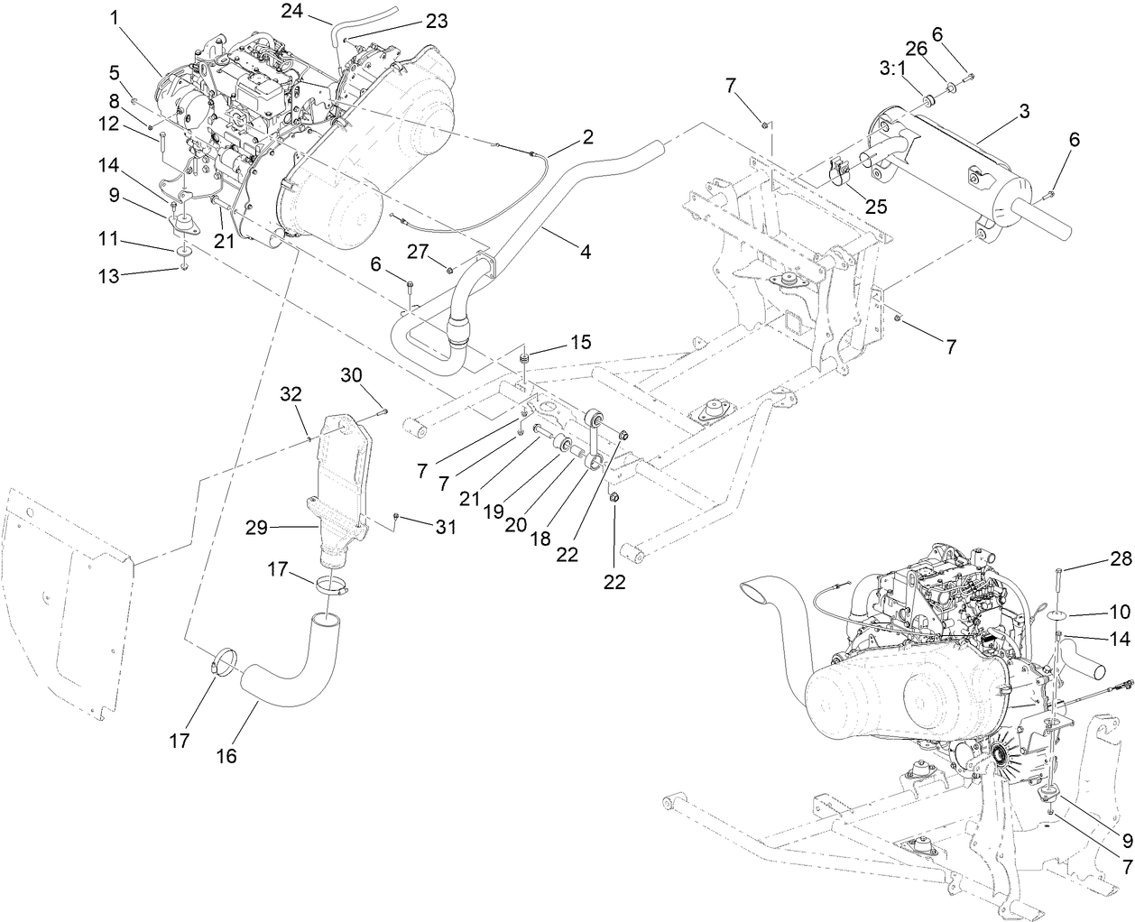 Engine Drivetrain and Exhaust Assembly