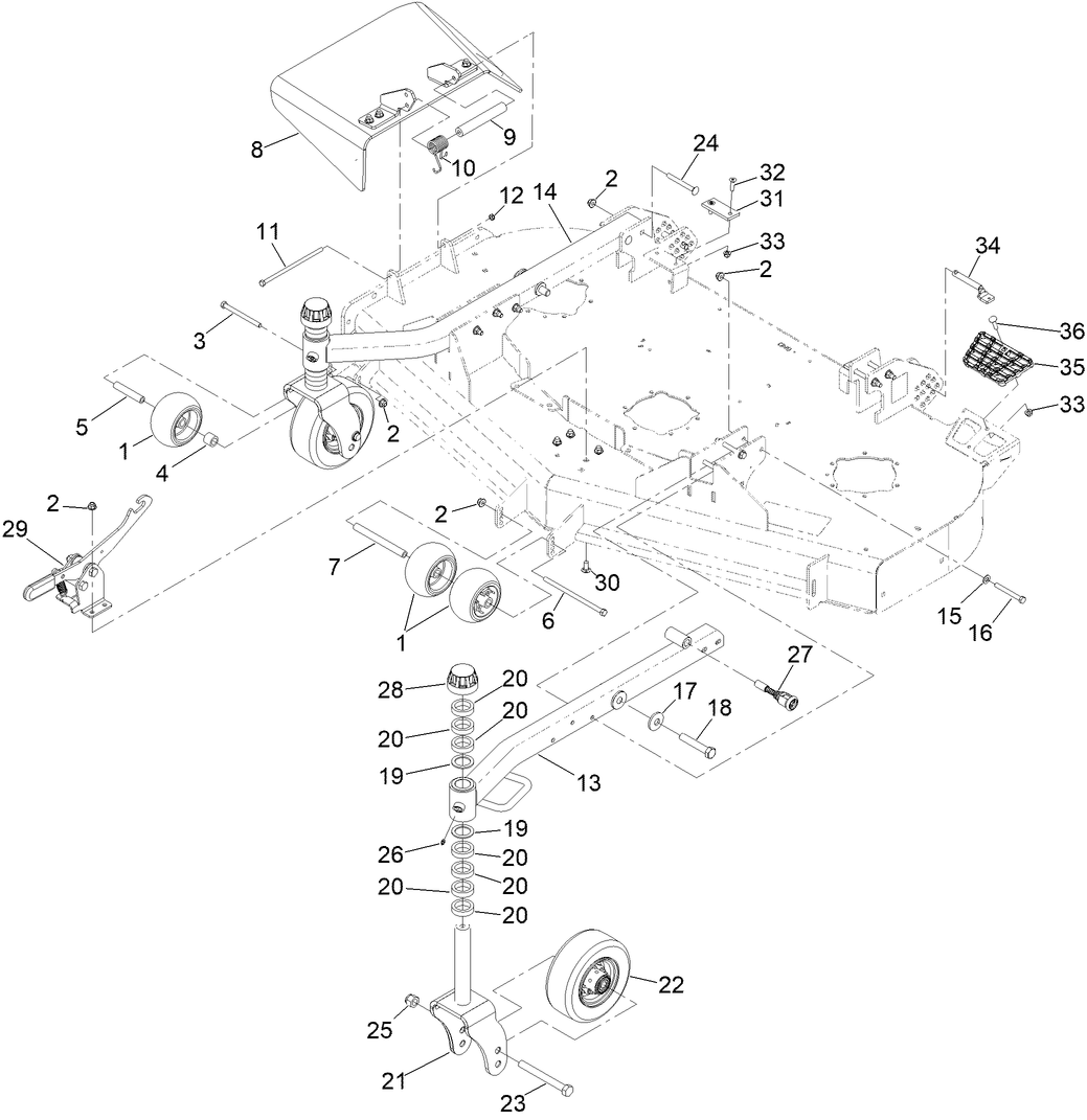 Caster Wheel, Deflector and Latch Assembly