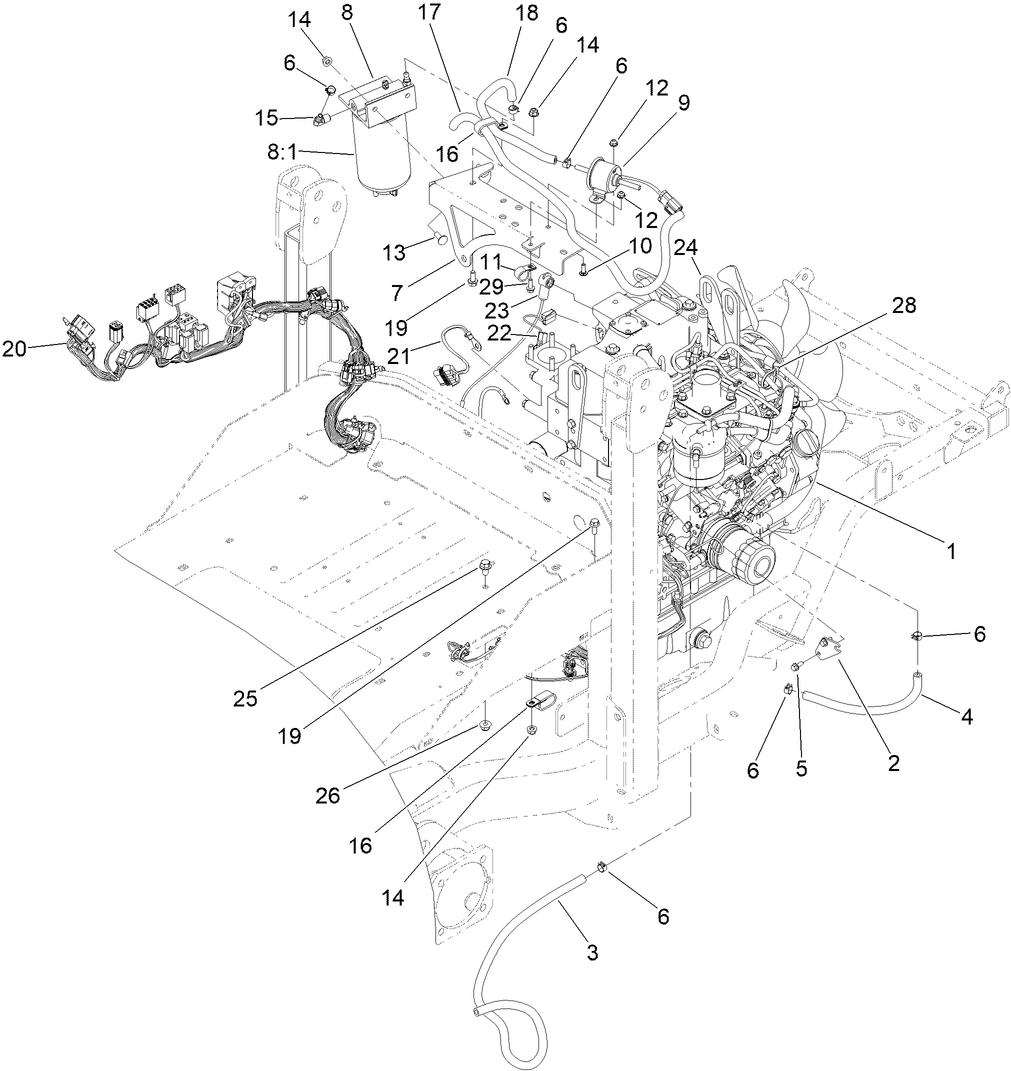 Engine, Main Wire Harness and Fuel Assembly