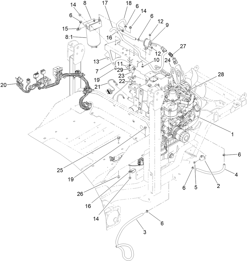 Engine, Main Wire Harness and Fuel Assembly