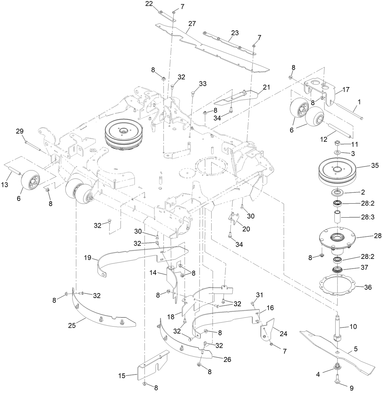 Center Deck Spindle, Baffle and Roller Assembly