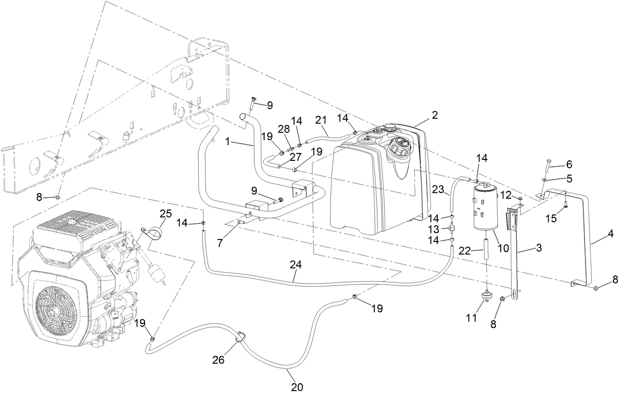 Fuel Tank, Filter and Line Assembly