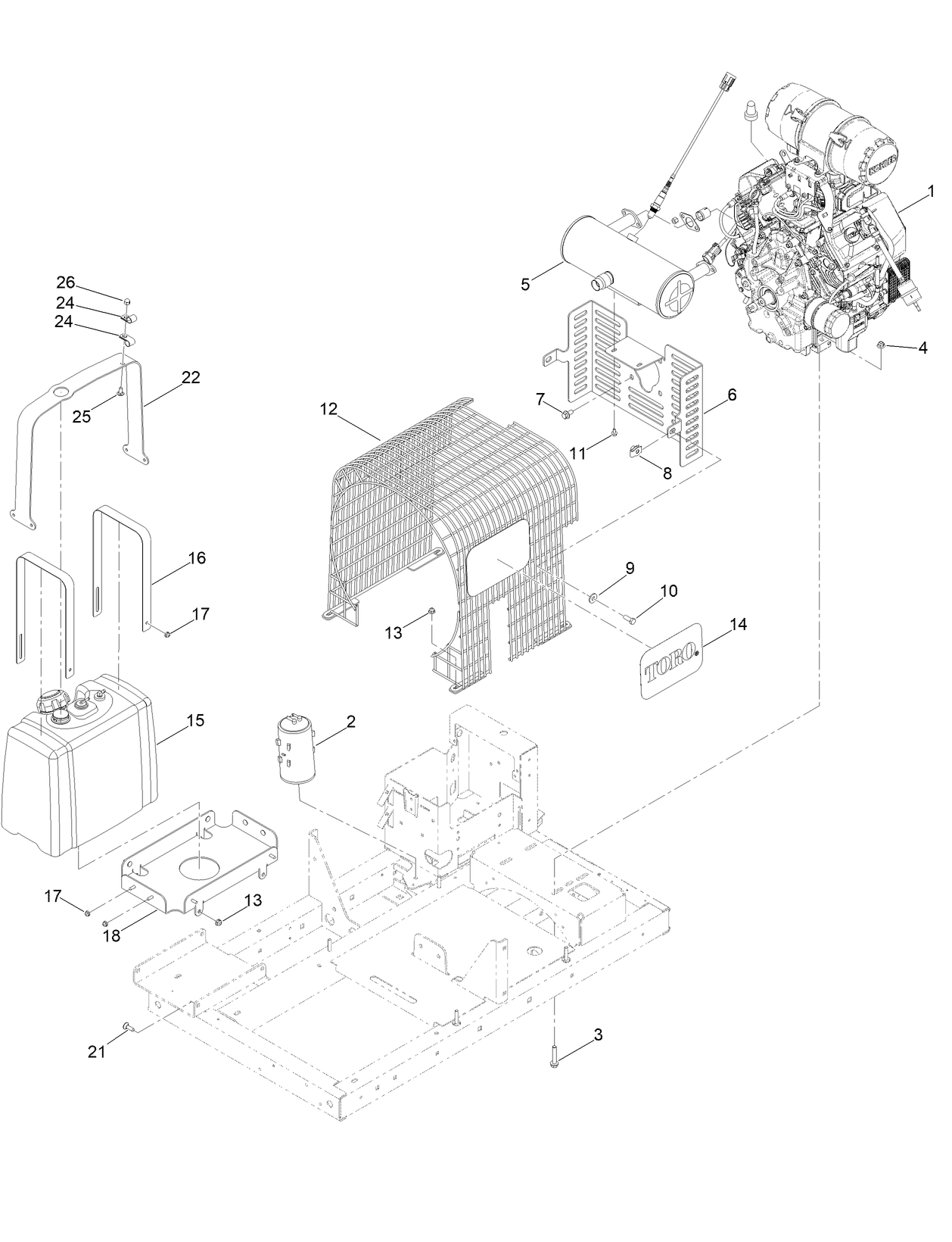 Engine, Muffler and Fuel Tank Assembly